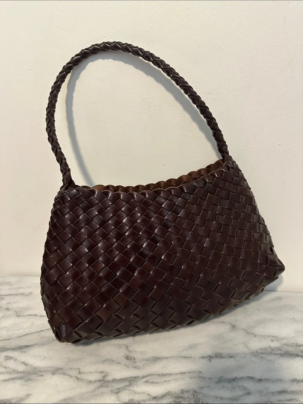 Faye Creations Emma Woven Full-Grain Leather Shoulder Bag - Dark Brown